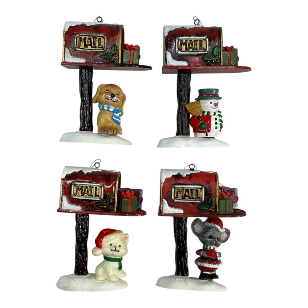 Vtg Lot 4 Wang's Int'l Snowman Cat Dog Mouse at Mailbox Christmas Ornament 1988